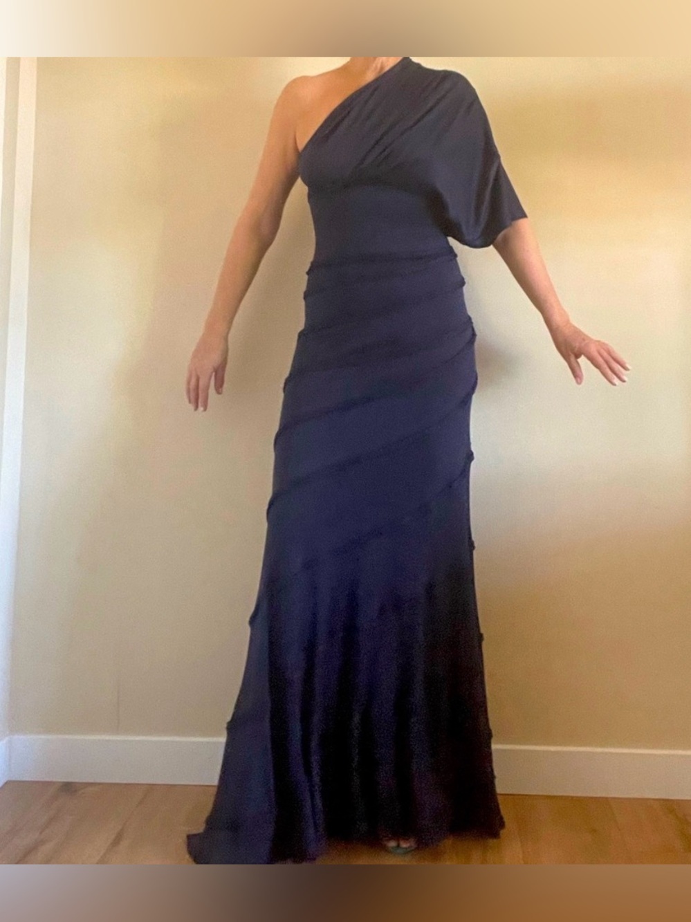 Catherine Malandrino One-Shoulder Navy Maxi Dress